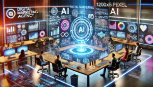 DALL·E 2025-01-17 05.58.30 - A futuristic digital marketing agency office with a sleek, modern design, featuring glowing holographic screens displaying AI-driven data analytics an
